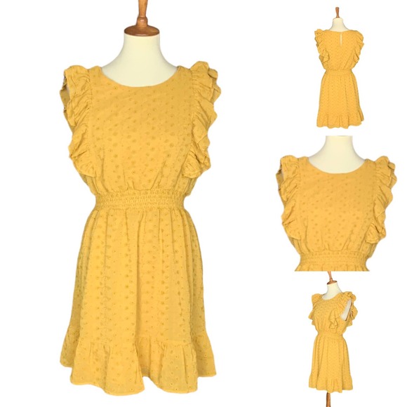 BB Dakota Dresses & Skirts - BB Dakota Cottagecore Ruffle Prairie Eyelet Smocked Mini Dress Yellow Large NWOT